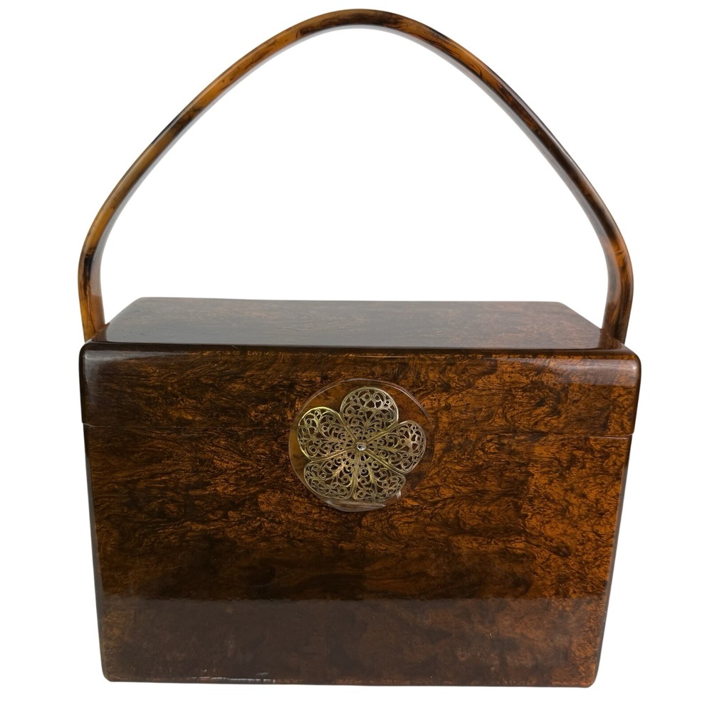 Wilardy Wood Grained Lucite Purse Handbag Vtg Authentic Handle Flower Clasp 50s